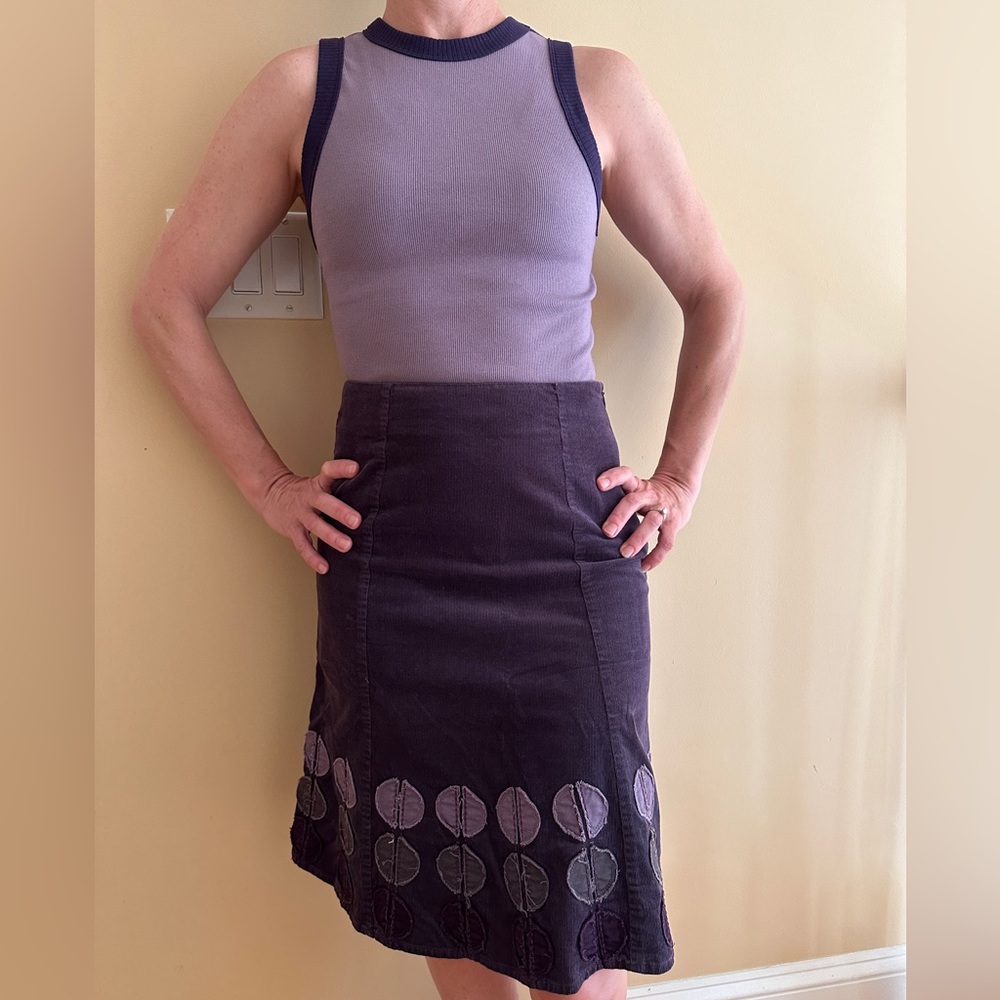 Purple corduroy A-line midi skirt w/ floral pattern, like new, no damage/stains